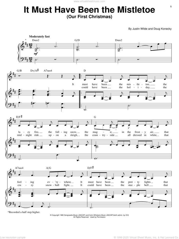 It Must Have Been The Mistletoe (Our First Christmas) sheet music for voice, piano or guitar by Barbra Streisand, Doug Konecky and Justin Wilde, intermediate skill level