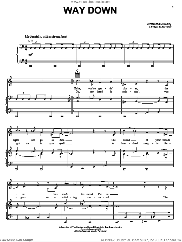 Way Down sheet music for voice, piano or guitar by Elvis Presley and Layng Martine, intermediate skill level
