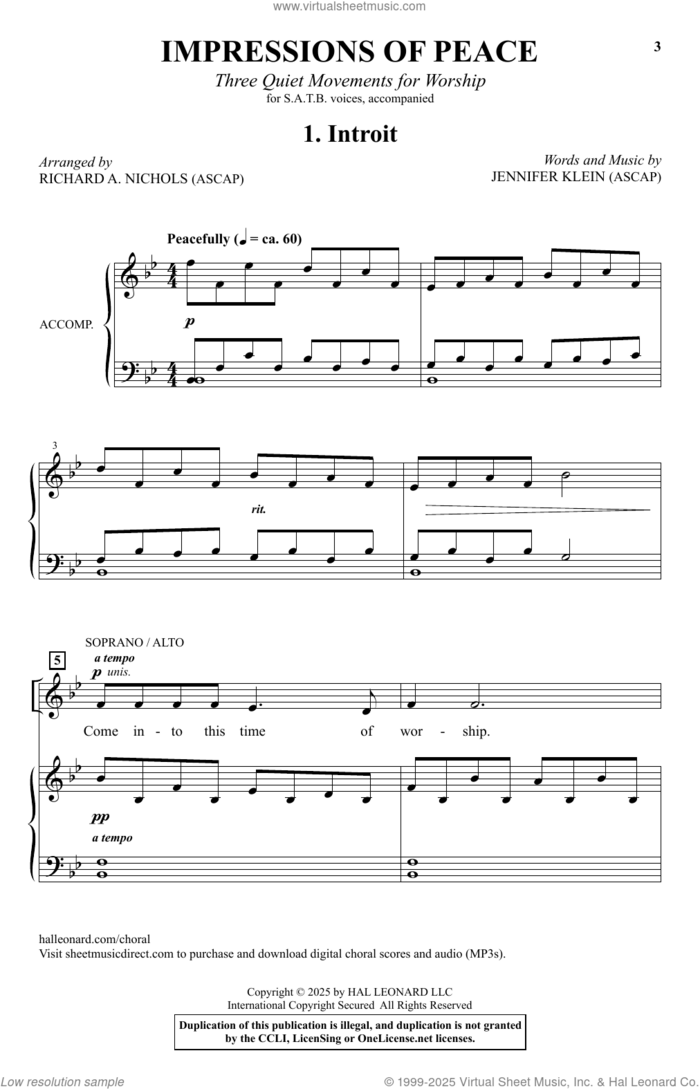 Impressions Of Peace (arr. Richard A. Nichols) sheet music for choir (SATB: soprano, alto, tenor, bass) by Jennifer Klein and Richard A. Nichols, intermediate skill level