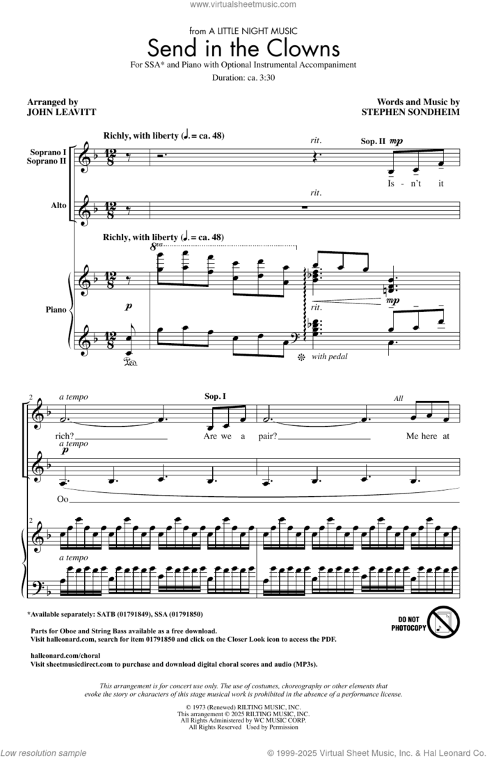 Send In The Clowns (arr. John Leavitt) sheet music for choir (SSA: soprano, alto) by Stephen Sondheim and John Leavitt, intermediate skill level