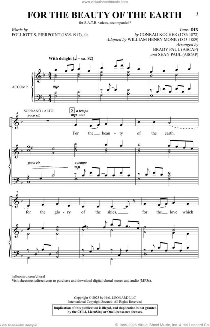 For The Beauty Of The Earth sheet music for choir (SATB: soprano, alto, tenor, bass) by Conrad Kocher, Brady Paul, Brady Paul and Sean Paul, Sean Paul, Folliott S. Pierpoint, alt. and William Henry Monk (adapt.), intermediate skill level