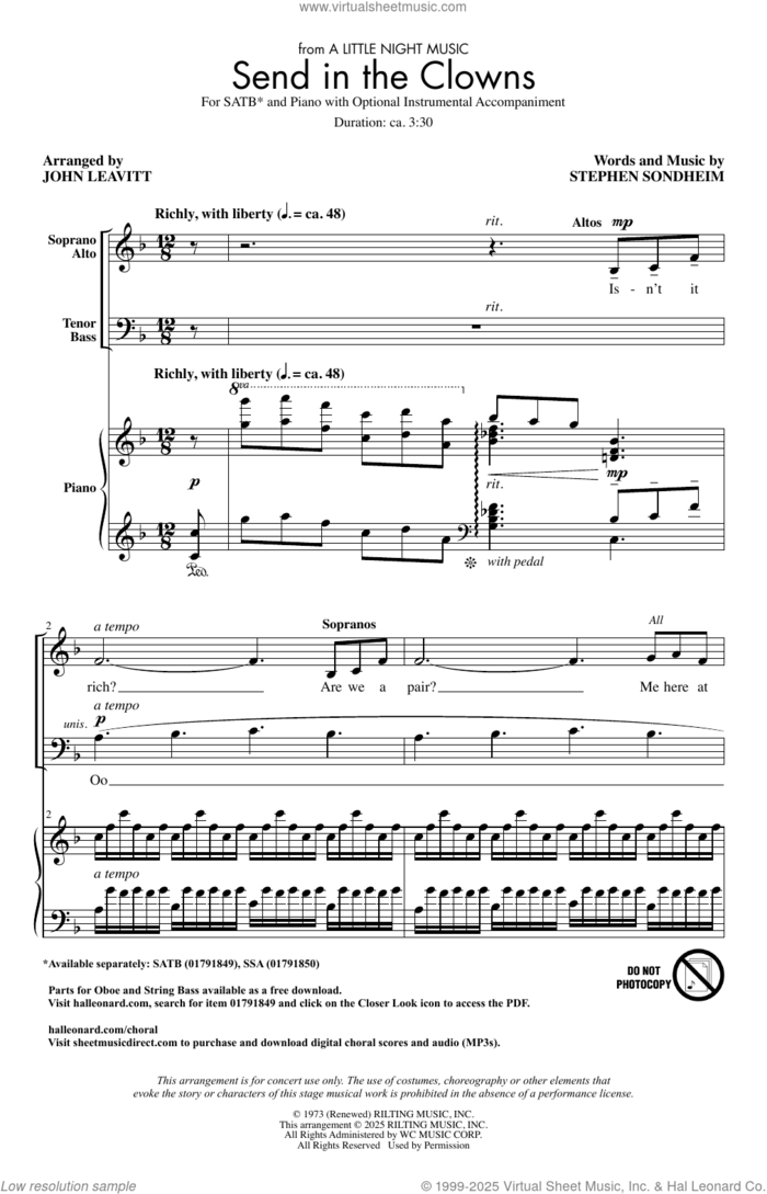 Send In The Clowns (arr. John Leavitt) sheet music for choir (SATB: soprano, alto, tenor, bass) by Stephen Sondheim and John Leavitt, intermediate skill level