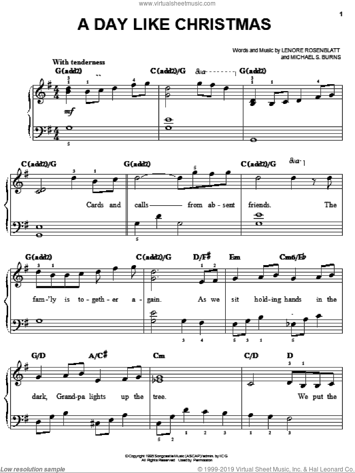 A Day Like Christmas sheet music for piano solo by Lenore Rosenblatt and Michael S. Burns, easy skill level