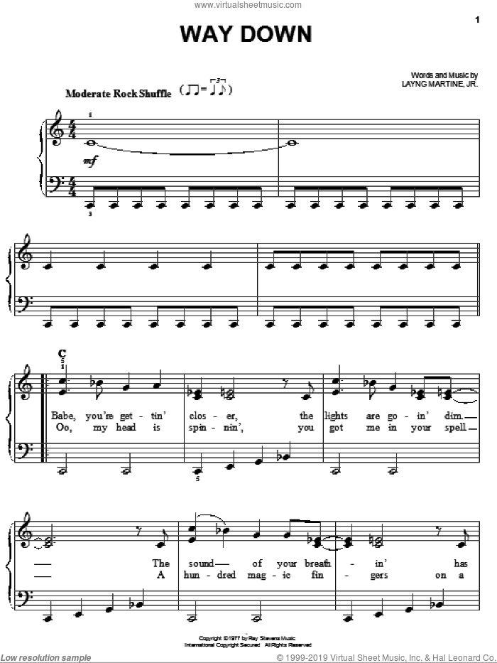 Way Down sheet music for piano solo by Elvis Presley and Layng Martine, easy skill level