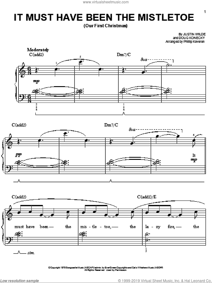 It Must Have Been The Mistletoe (Our First Christmas) (arr. Phillip Keveren) sheet music for piano solo by Barbara Mandrell, Phillip Keveren, Doug Konecky and Justin Wilde, easy skill level