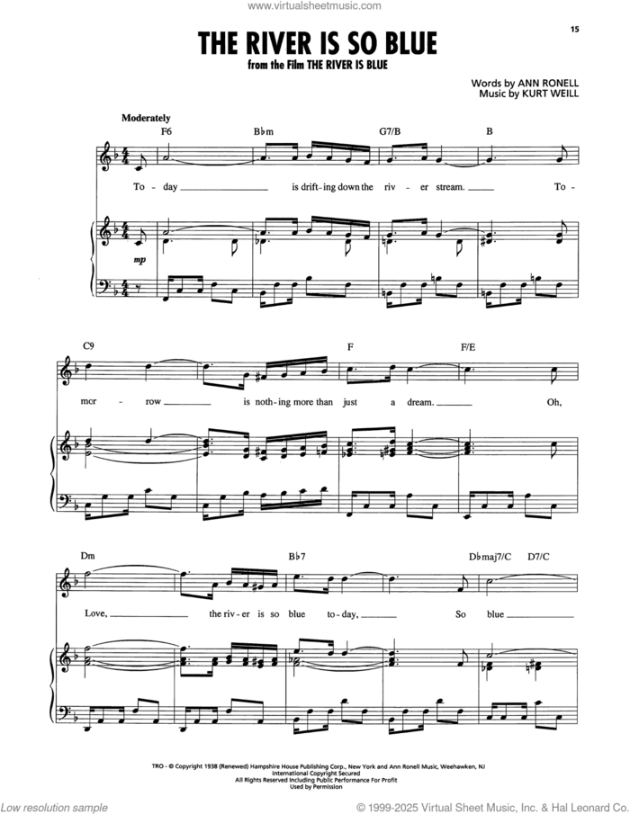 The River Is So Blue sheet music for voice, piano or guitar by Kurt Weill and Ann Ronell, intermediate skill level