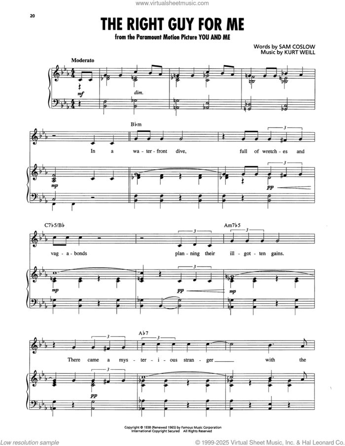 The Right Guy For Me (from You And Me) sheet music for voice, piano or guitar by Kurt Weill and Sam Coslow, intermediate skill level