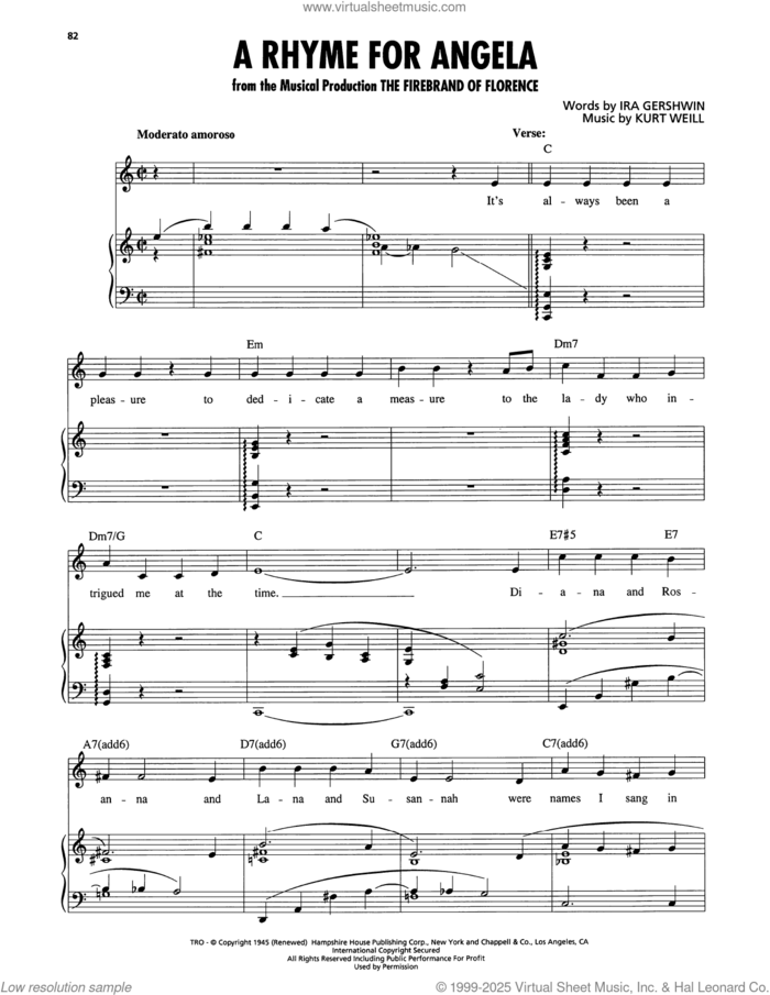 A Rhyme For Angela (from The Firebrand of Florence) sheet music for voice, piano or guitar by Kurt Weill, Richard Walters and Ira Gershwin, classical score, intermediate skill level
