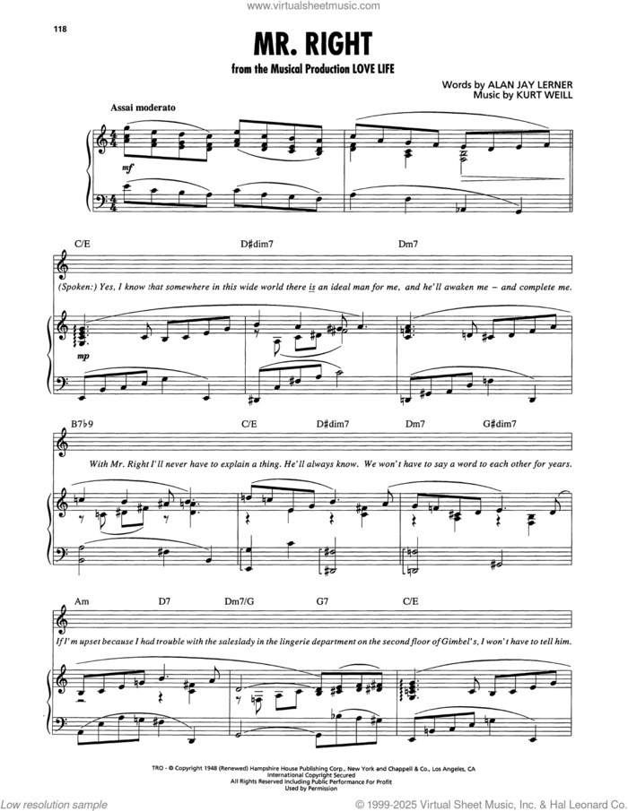 Mr. Right (from Love Life) sheet music for voice, piano or guitar by Kurt Weill and Alan Jay Lerner, classical score, intermediate skill level