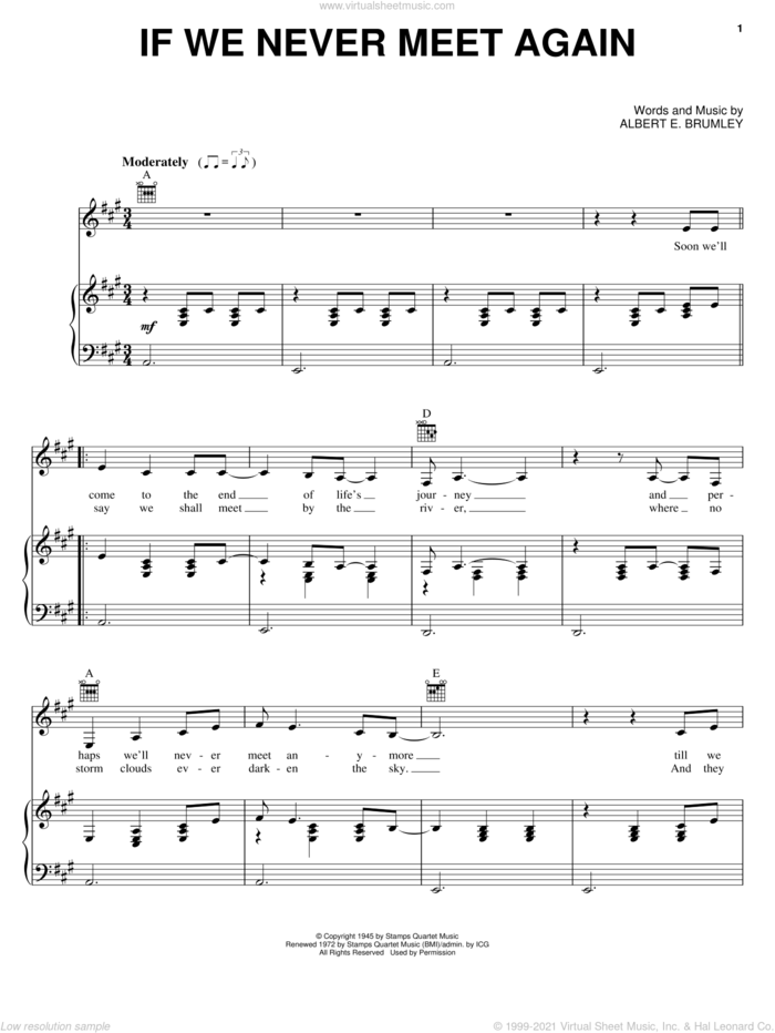 If We Never Meet Again sheet music for voice, piano or guitar by Johnny Cash and Albert E. Brumley, intermediate skill level