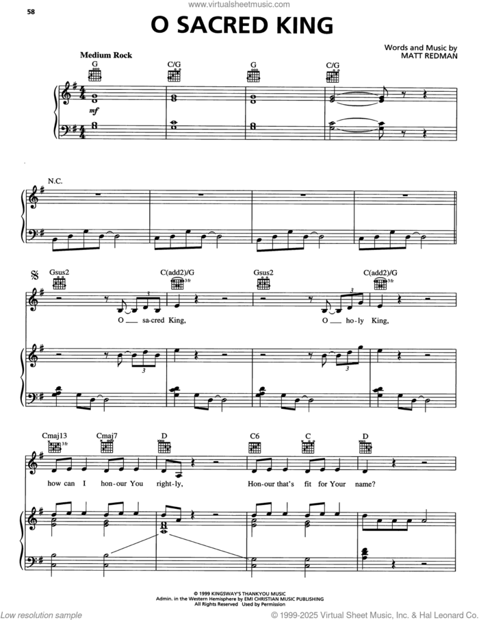 O Sacred King sheet music for voice, piano or guitar by Matt Redman, intermediate skill level