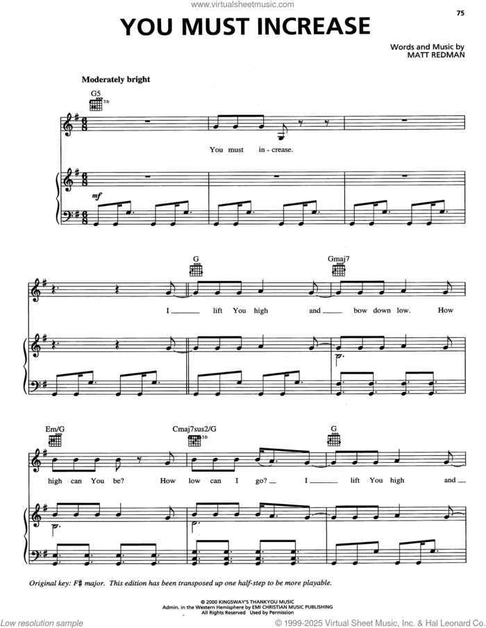 You Must Increase sheet music for voice, piano or guitar by Matt Redman, intermediate skill level