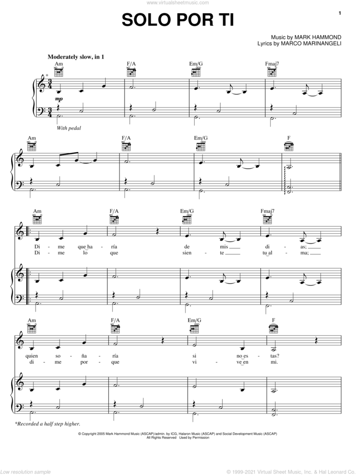 Solo Por Ti sheet music for voice, piano or guitar by Josh Groban, Marco Marinangeli and Mark Hammond, intermediate skill level