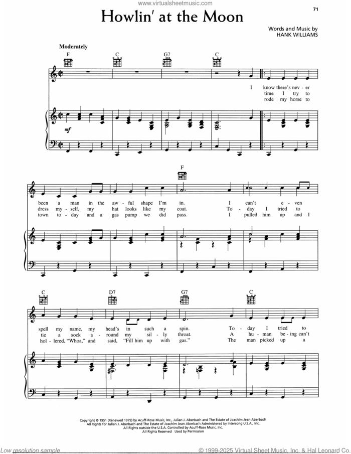 Howlin' At The Moon sheet music for voice, piano or guitar by Hank Williams, intermediate skill level