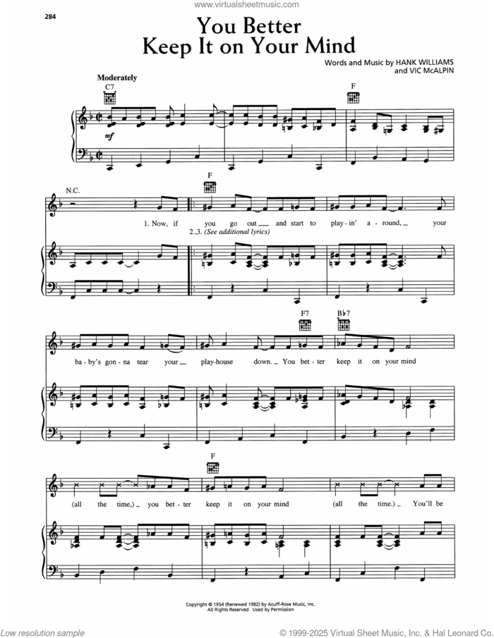 You Better Keep It On Your Mind sheet music for voice, piano or guitar by Hank Williams and Vic McAlpin, intermediate skill level