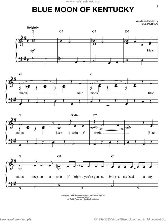 Blue Moon Of Kentucky sheet music for piano solo by Bill Monroe and Elvis Presley, easy skill level