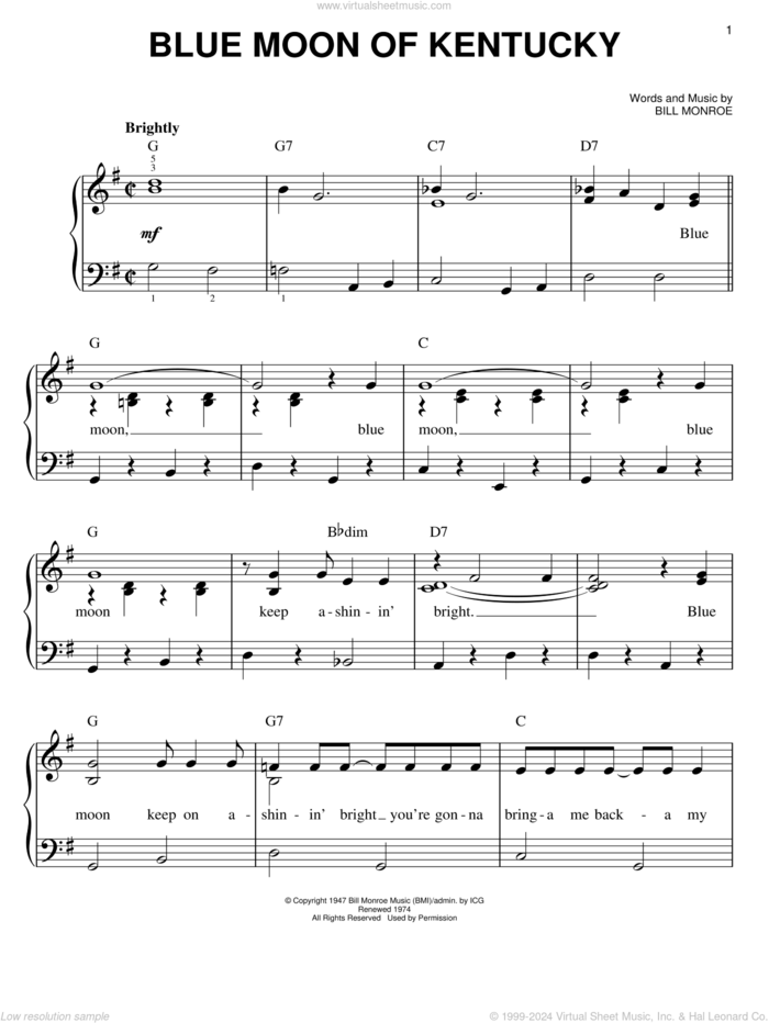 Blue Moon Of Kentucky sheet music for piano solo by Bill Monroe and Elvis Presley, easy skill level