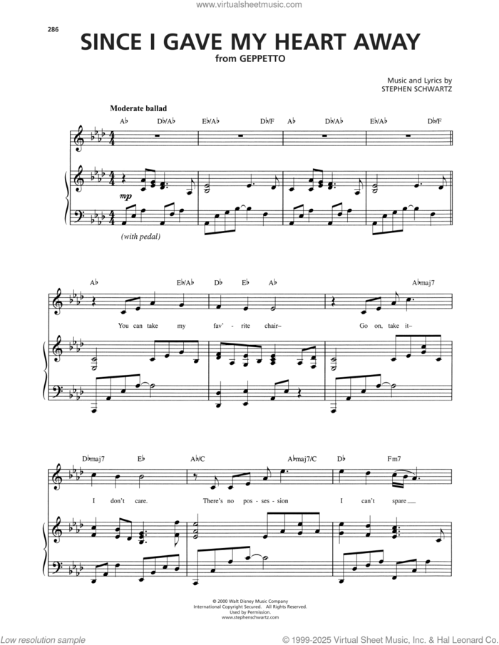 Since I Gave My Heart Away sheet music for voice and piano by Stephen Schwartz, intermediate skill level