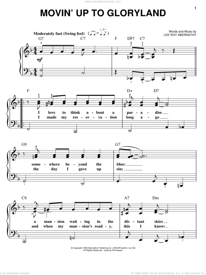 Movin' Up To Gloryland sheet music for piano solo by Lee Roy Abernathy, easy skill level