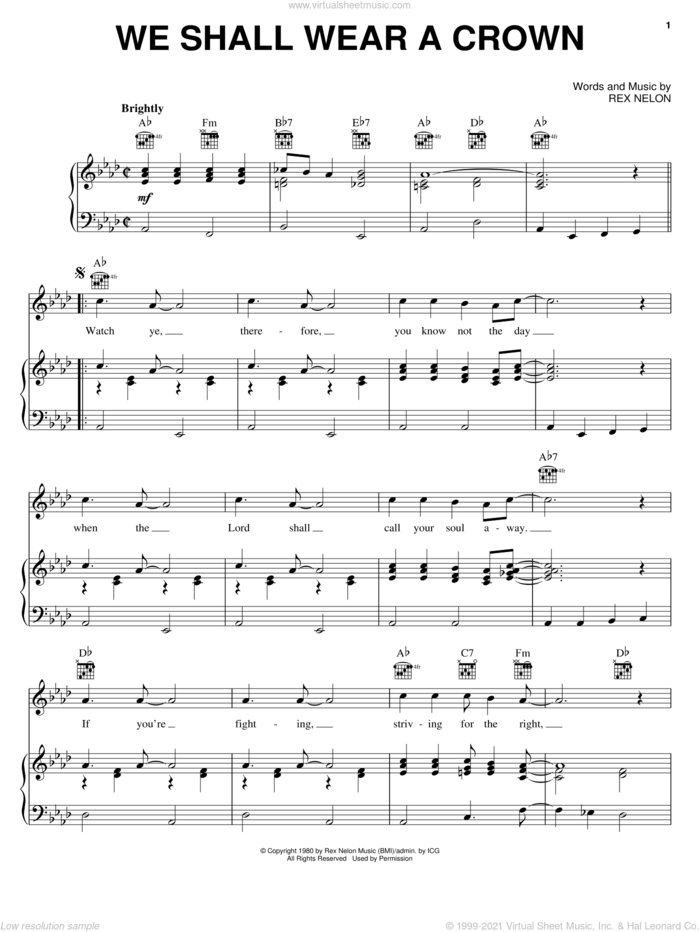 We Shall Wear A Crown sheet music for voice, piano or guitar by Rex Nelon, intermediate skill level