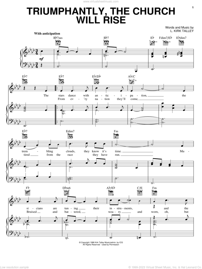 Triumphantly, The Church Will Rise sheet music for voice, piano or guitar by Kirk Talley, intermediate skill level