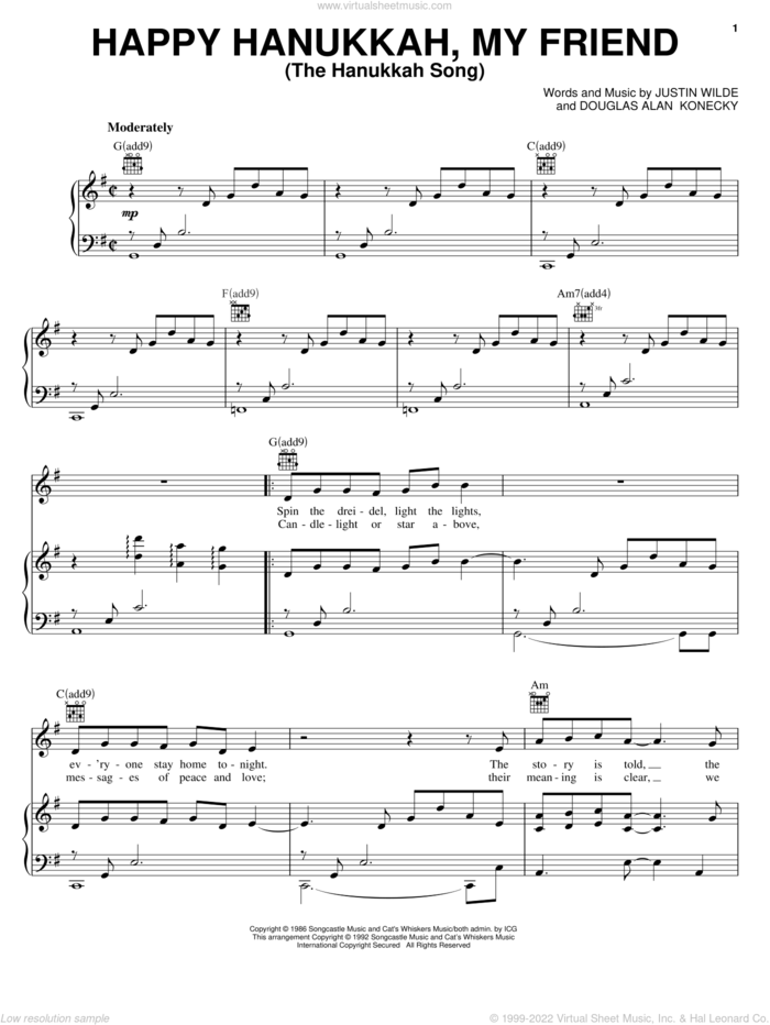 Happy Hanukkah, My Friend (The Hanukkah Song) sheet music for voice, piano or guitar by Justin Wilde and Douglas Alan Konecky, intermediate skill level