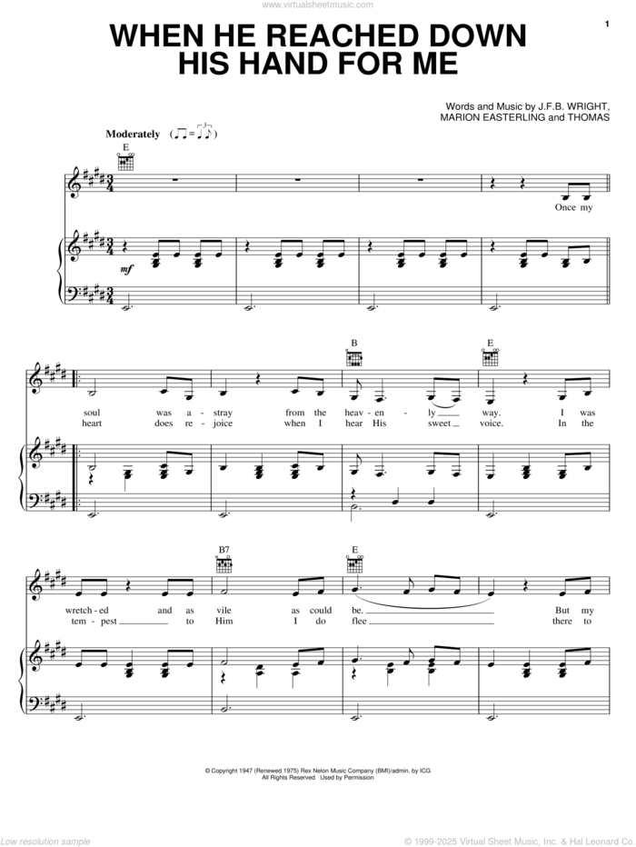 When He Reached Down His Hand For Me sheet music for voice, piano or guitar by Johnny Cash, J.F.B. Wright, Marion Easterling and Thomas, intermediate skill level