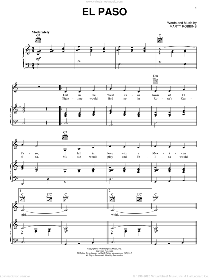 El Paso sheet music for voice, piano or guitar by Marty Robbins, intermediate skill level