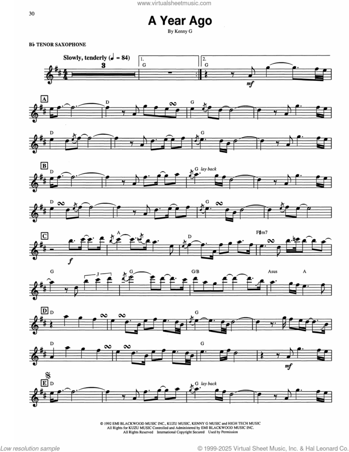 A Year Ago sheet music for tenor saxophone solo (transcription) by Kenny G, intermediate tenor saxophone (transcription)