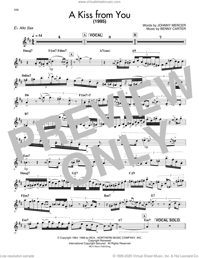 A Kiss From You sheet music for alto saxophone (transcription) by Benny Carter and Johnny Mercer, intermediate skill level