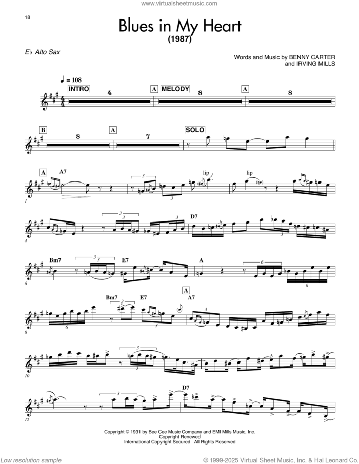 Blues In My Heart sheet music for alto saxophone (transcription) by Benny Carter and Irving Mills, intermediate skill level