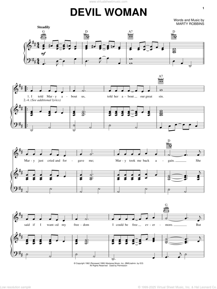 Devil Woman sheet music for voice, piano or guitar by Marty Robbins, intermediate skill level