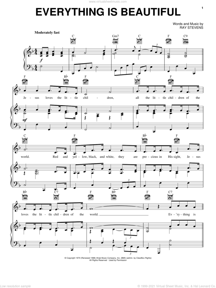 Everything Is Beautiful sheet music for voice, piano or guitar by Ray Stevens, intermediate skill level