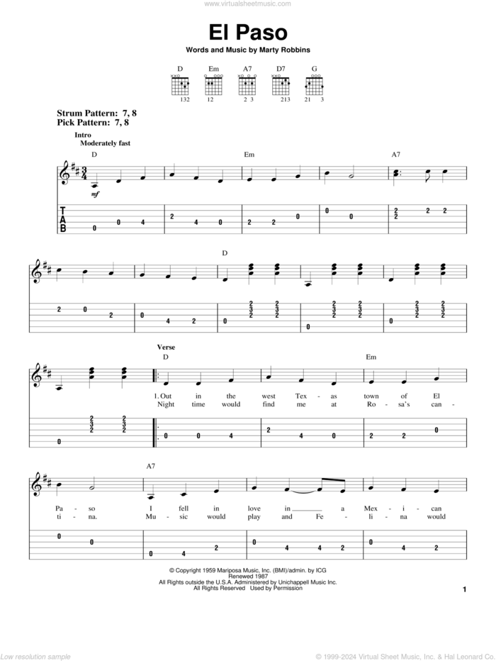 El Paso sheet music for guitar solo (easy tablature) by Marty Robbins, easy guitar (easy tablature)