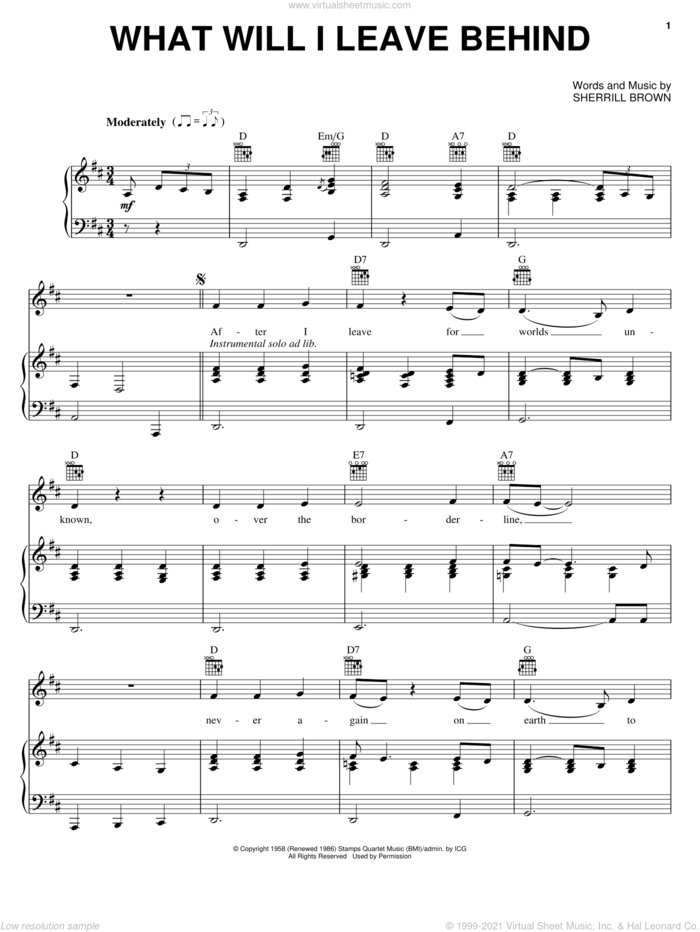 What Will I Leave Behind sheet music for voice, piano or guitar by Alabama and Sherrill Brown, intermediate skill level