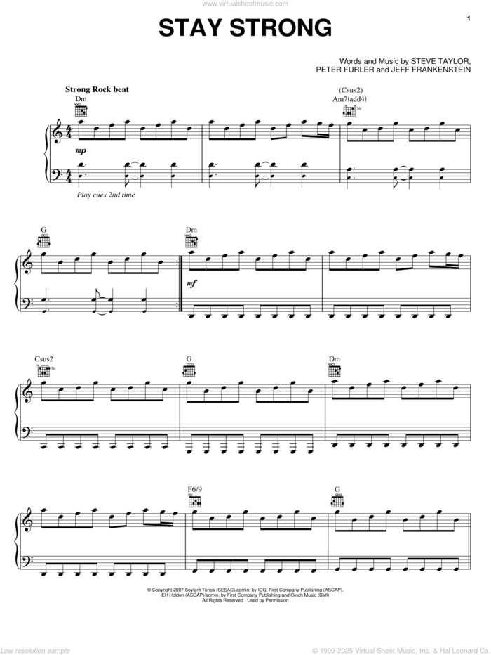 Stay Strong sheet music for voice, piano or guitar by Newsboys, Jeff Frankenstein, Peter Furler and Steve Taylor, intermediate skill level