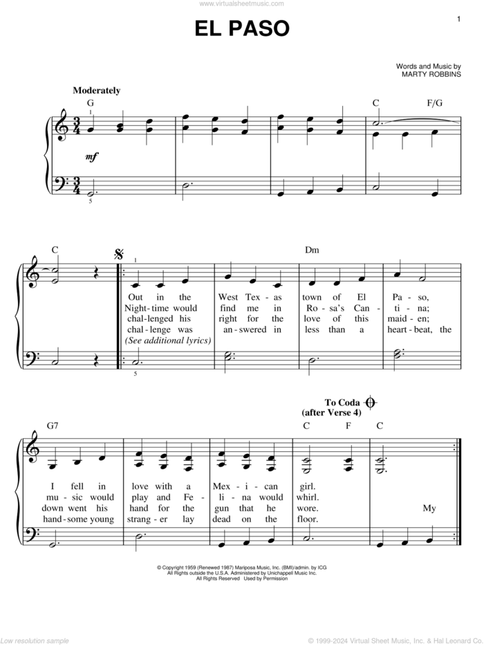 El Paso, (easy) sheet music for piano solo by Marty Robbins, easy skill level