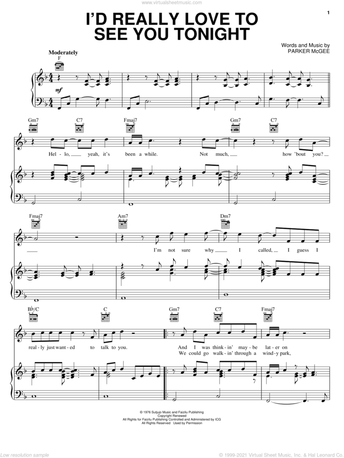 I'd Really Love To See You Tonight sheet music for voice, piano or guitar by England Dan and John Ford Coley, Dan Seals and Parker McGee, intermediate skill level