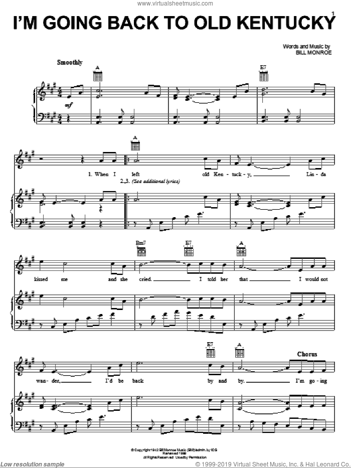 I'm Goin' Back To Old Kentucky sheet music for voice, piano or guitar by Bill Monroe, intermediate skill level