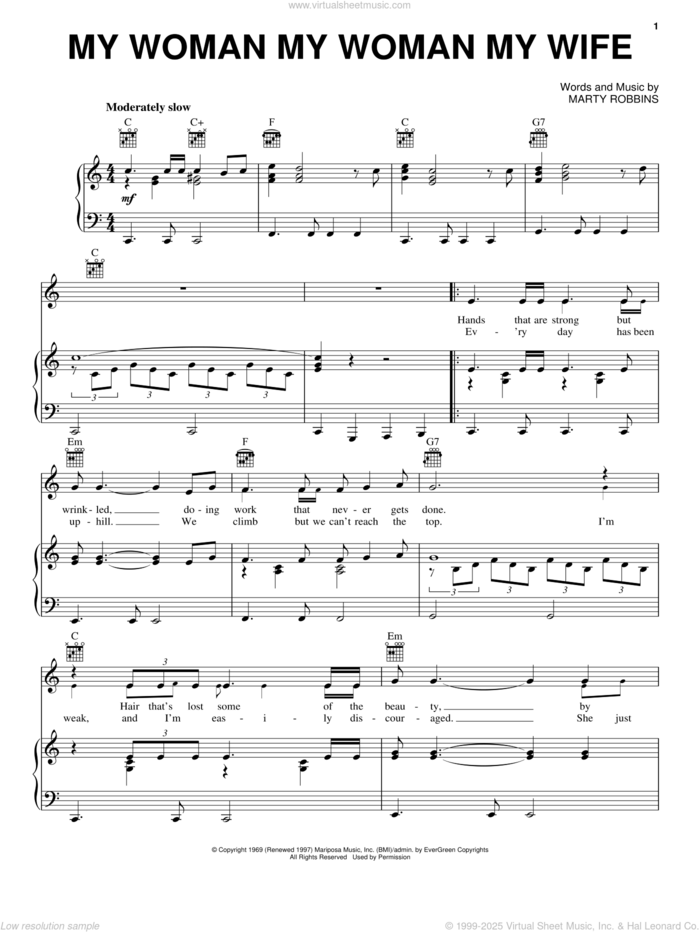 My Woman My Woman My Wife sheet music for voice, piano or guitar by Marty Robbins, intermediate skill level