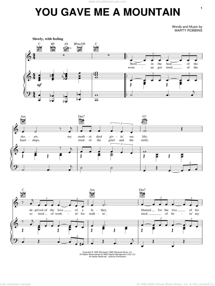 You Gave Me A Mountain sheet music for voice, piano or guitar by Elvis Presley, Johnny Bush and Marty Robbins, intermediate skill level