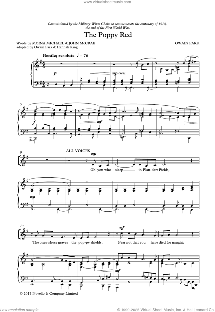 The Poppy Red sheet music for choir (2-Part) by Owain Park, intermediate duet