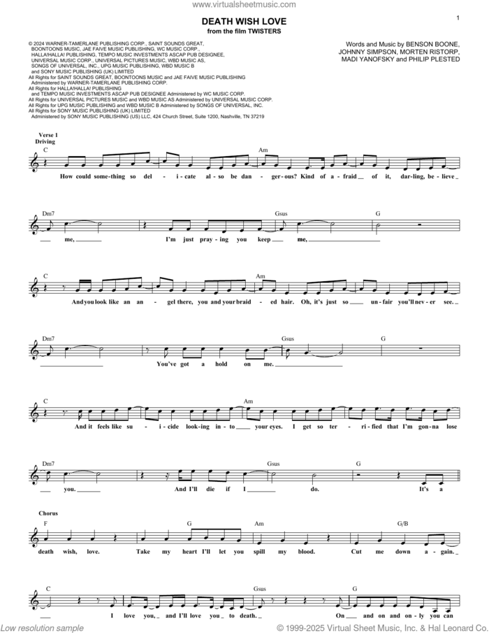 Death Wish Love sheet music for voice and other instruments (fake book) by Benson Boone, Johnny Simpson, Madi Yanofsky, Morten Ristorp and Philip Plested, intermediate skill level