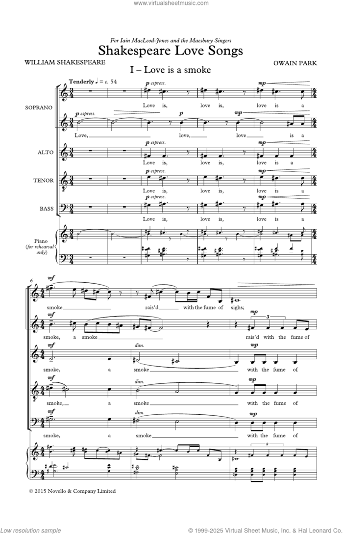 Shakespeare Love Songs sheet music for choir (SATB: soprano, alto, tenor, bass) by Owain Park, classical score, intermediate skill level