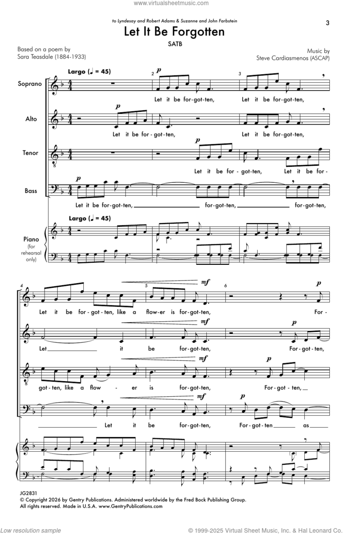 Let It Be Forgotten sheet music for choir (SATB: soprano, alto, tenor, bass) by Sara Teasdale and Steve Cardiasmenos, intermediate skill level