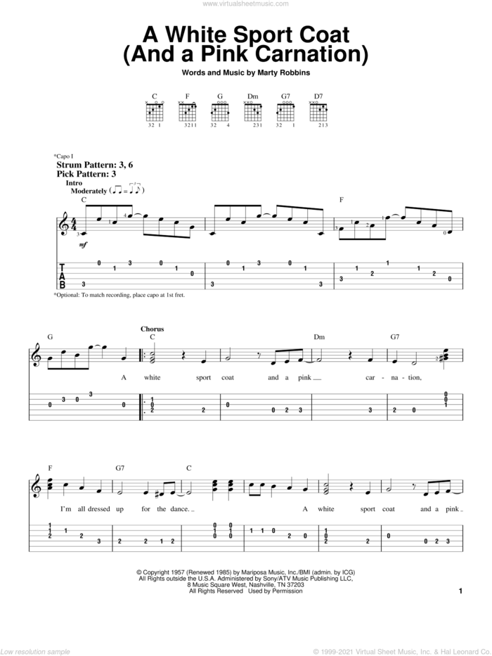 A White Sport Coat (And A Pink Carnation) sheet music for guitar solo (easy tablature) by Marty Robbins, easy guitar (easy tablature)