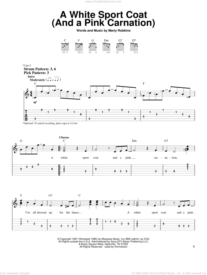 A White Sport Coat (And A Pink Carnation) sheet music for guitar solo (easy tablature) by Marty Robbins, easy guitar (easy tablature)