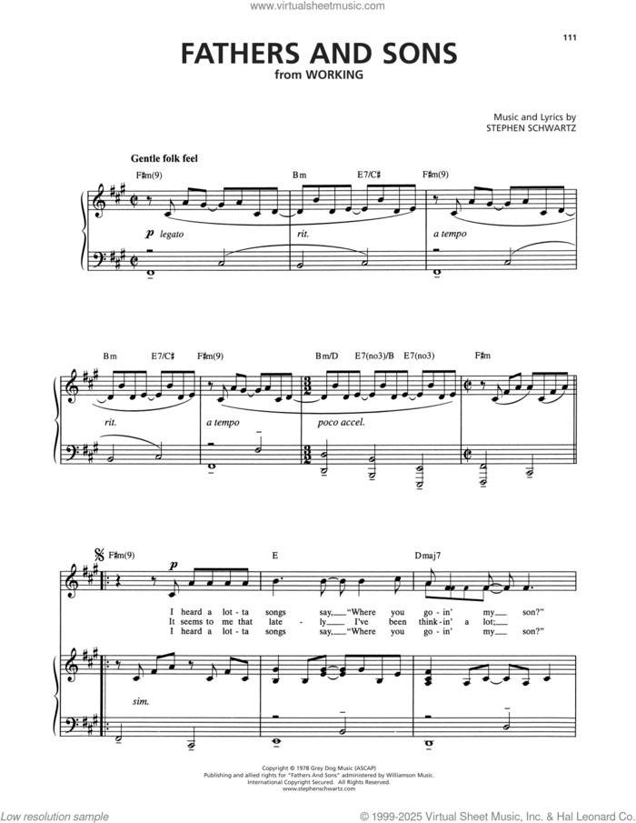 Fathers And Sons (from Working) sheet music for voice and piano by Stephen Schwartz, intermediate skill level