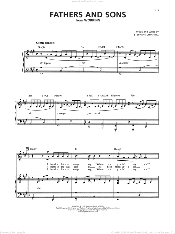 Fathers And Sons (from Working) sheet music for voice and piano by Stephen Schwartz, intermediate skill level