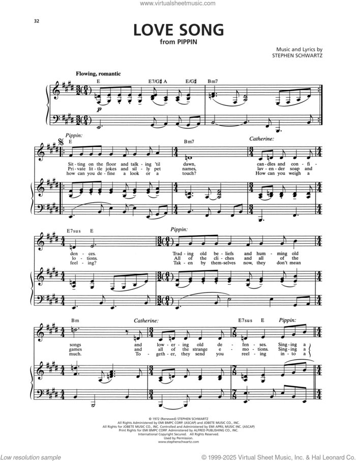 Love Song (from Pippin) sheet music for voice and piano by Stephen Schwartz, intermediate skill level